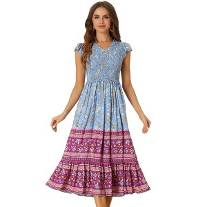 Allegra K Women's Midi Ruffled Flutter Sleeve Smocked Boho Floral Dresses - 1 of 4