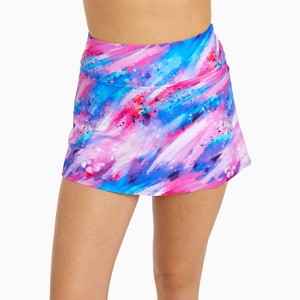 Calypsa Women's Plus Size Chlorine Resistant High Waisted Mini Swim Skirt With Shorts - 1 of 4