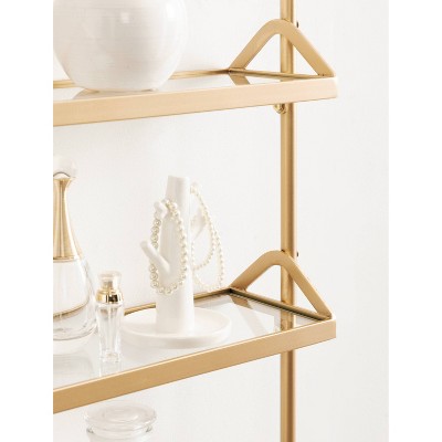 Gold Metal Three-Tier Floating Wall Shelf with Glass