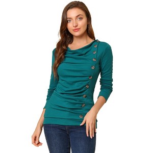 Allegra K Women's Cowl Neck Long Sleeves Buttons Decor Solid Ruched Top - 1 of 4