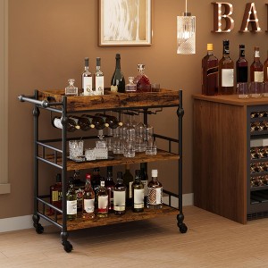 3 Tier Rolling Bar Cart with Wine Rack, Mobile Serving Cart with Wheels & Removable Tray, Liquor Beverage Cart,Microwave Drink Cart, Brown - 1 of 4