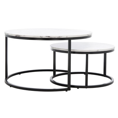 Peppino White Faux Marble and Black Metal Round Nesting Coffee Table