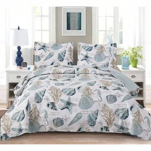 Summer Beach Bedspreads, King Size 3Pcs Lightweight Coastal Quilts with Seashell, Starfish Seaweed Print - 1 of 4