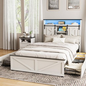 Bed Frame with Bookcase Headboard, Sliding Barn Door Storage Shelves - 1 of 4