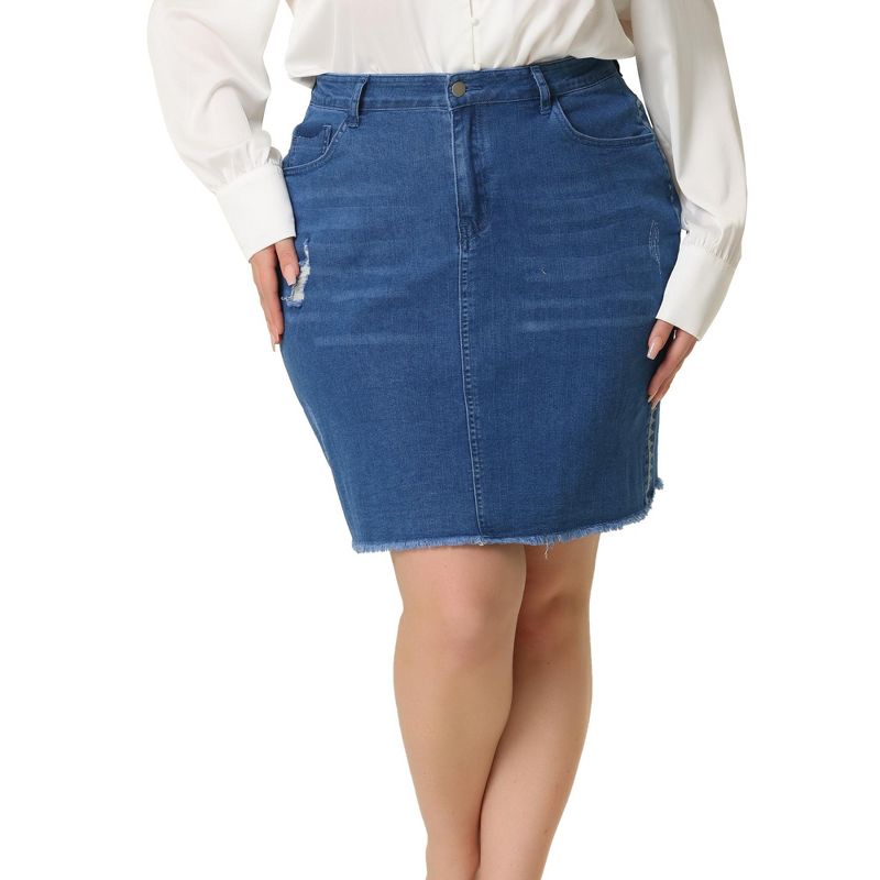 Agnes Orinda Women's Plus Size Denim Embroidered Distressed Ripped Pencil Jean Skirts, 1 of 6
