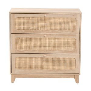 Elsbeth Wood and Natural Rattan 3 Drawer Storage Cabinet Oak Brown/Natural Brown - Baxton Studio - 1 of 4