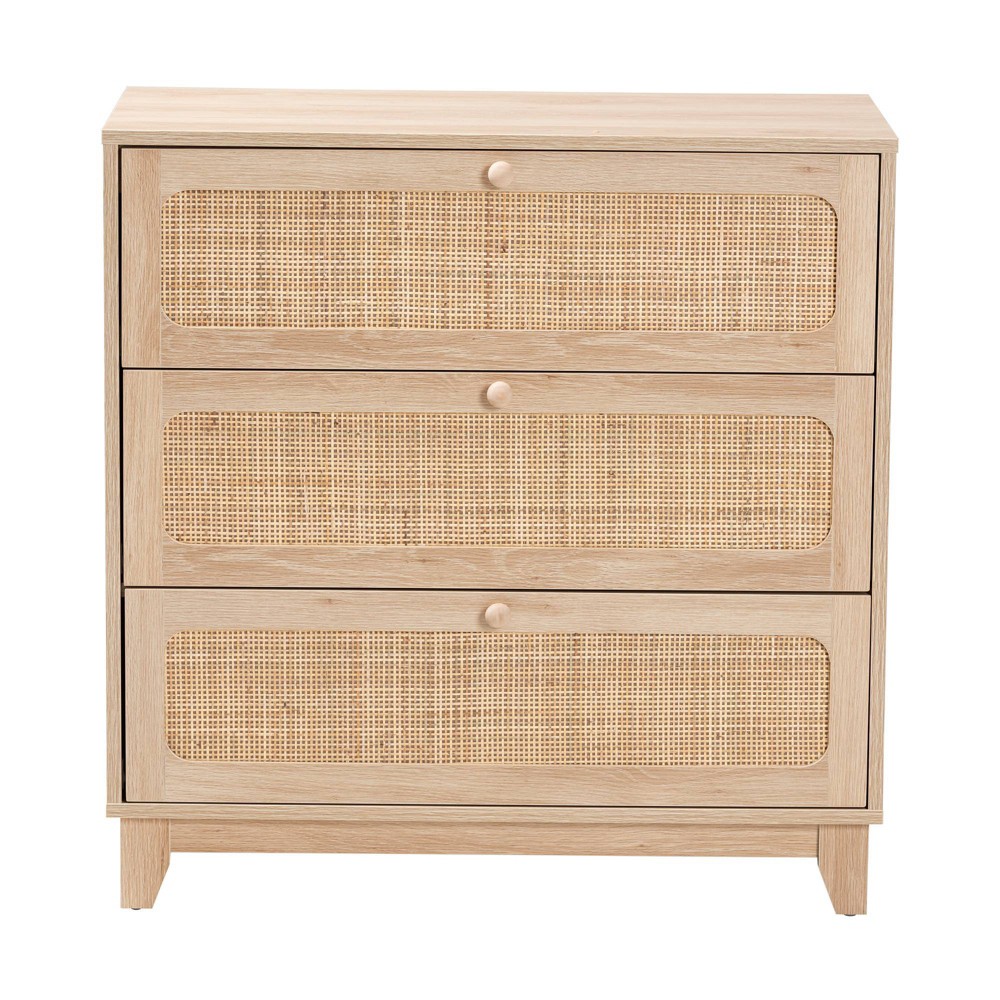 Photos - Dresser / Chests of Drawers Elsbeth Wood and Natural Rattan 3 Drawer Storage Cabinet Oak Brown/Natural