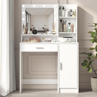 LIVAREEmlen Vanity Desk with Mirror&Light,Large Drawer Three Level Storage Dresser,3 Lighting Modes Adjustable Brightness(white)