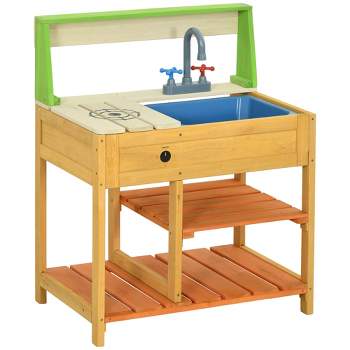 Outsunny Mud Kitchen, Outdoor Kitchen Playset for Kids with Realistic Play Kitchen Toys, Faucet and Sink, Storage Shelves for Ages 3-8 Years Old