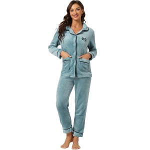 Allegra K Women's Flannel Button Down Lounge Winter Long Sleeves Pajama Sets - 1 of 4