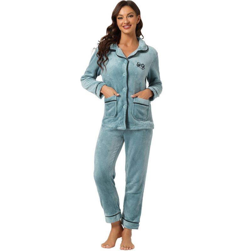 Allegra K Women's Flannel Button Down Lounge Winter Long Sleeves Pajama Sets, 1 of 6