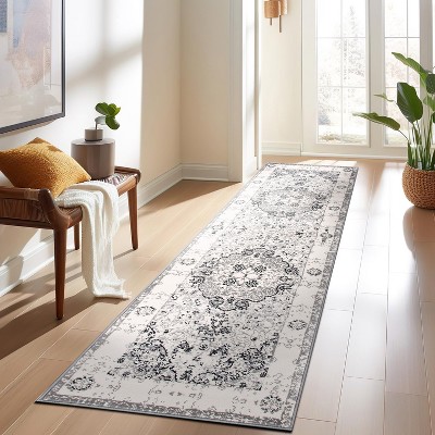 Gray Medallion Synthetic Easy Care Runner Rug