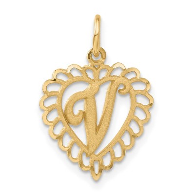 Black Bow Jewelry 14k Yellow Gold, Grace Collection, Satin Heart Initial V Pendant, 15mm