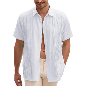 Men's Cotton Linen Shirts Relaxed Fit Short Sleeve Beach Button Down Shirt Button Up Pleats Guayabera Shirts - 1 of 4