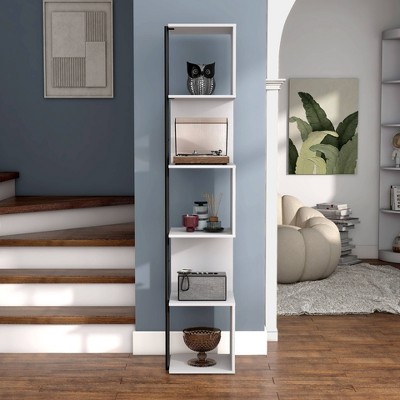 White Wood 5-Tier Corner Bookcase with Metal Support