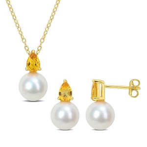 EVERLY JEWELRY | Yellow Plated Sterling Silver 8.5-9mm Cultured Freshwater Pearl and 1 1/6ct TGW Citrine Pendant with Chain and Earrings Set  - 18 in - 1 of 4