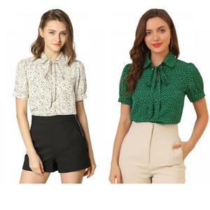Allegra K Women's Retro Dots Print Bow Tie Peter Pan Collar Chiffon Blouse 2 Packs - 1 of 4