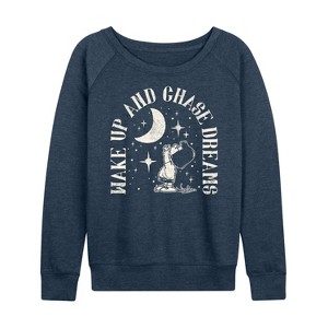 Women's - Peanuts - Wake Up And Chase Dreams Lightweight French Terry Wide Neck Long Sleeve Shirt - 1 of 4