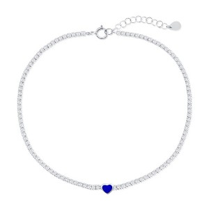 Bella Silver Sterling Silver, Enamel Heart, CZ Tennis Anklet - Blue - Blue - 1 of 2