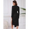 Coolmee Women Business Casual Lapel V Neck Long Sleeve Ribbed Knit Irregular Hem Waist Tie Trendy Slit Wrap Midi Dress - 3 of 4