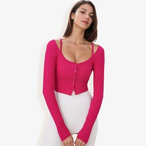Anna-Kaci Active Women's Button-Up Long Sleeve Crop Top with Scoop Neck and Thumbhole Cuffs - 1 of 4