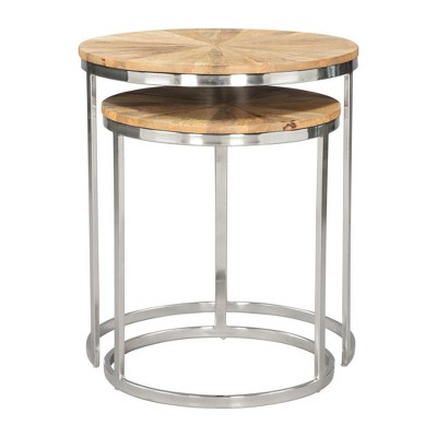 HomeRoots Set of Two Natural And Silver Solid Wood And Iron Round Frame Nested Tables