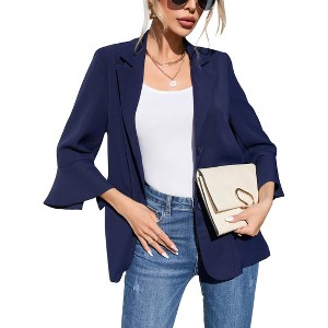 Womens Casual Blazer 3/4 Sleeve Open Front Plaid Longline Blazer - 1 of 4