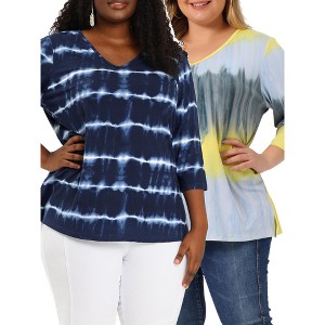 Agnes Orinda Women's Plus Size Tie Dye 3/4 Sleeve Comfy Stripe 2 Pcs Blouses - 1 of 4