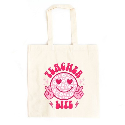 City Creek Prints Teacher Life Leopard Smiley Face Canvas Tote Bag - 15x16 - Natural