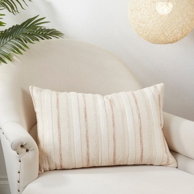 Small Beige Woven Stripe Frayed Throw Pillow