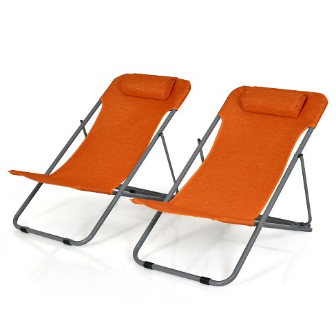 Tangkula 2 PCS Beach Chair Lounger Reclining Folding Chair w 3 Position Adjustable Backrest Orange