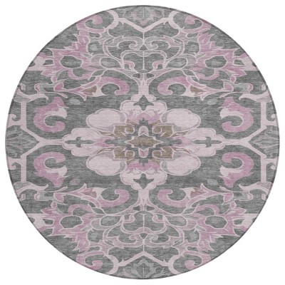 HomeRoots 8' Pink And Charcoal Round Damask Washable Indoor Outdoor Area Rug