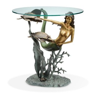 SPI Home Mermaid and Sea Turtles End Table – 22" Coastal Accent Table with Sculpted Metal Base and Round Glass Top - 1 of 3