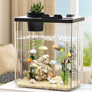 Mini Desktop Rectangular Fish Tank Aquarium Starter Kit with Pump for Shrimp Small Fish, LED Light, Simulated Water Plants, Black - 1 of 4