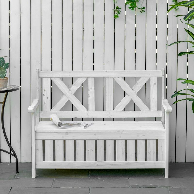 Outsunny 29 Gallon Garden Storage Bench with Wooden Frame, Large Entryway Deck Box w/ Unique X-Shape Back, Louvered Side Panels for Patio, Garden, Deck, Porch & Balcony, 3 of 10