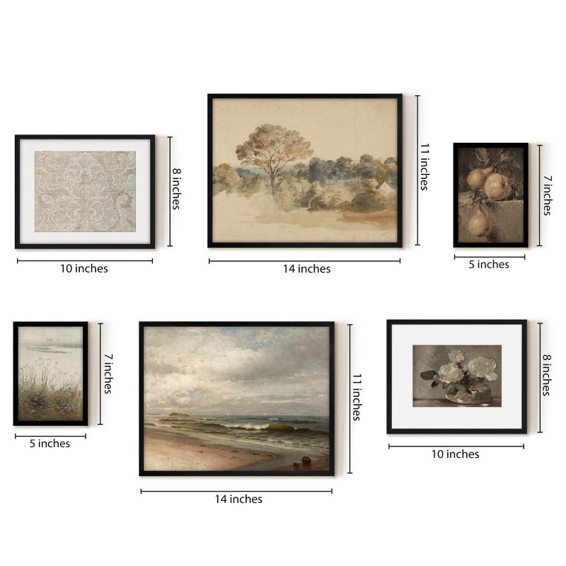 Americanflat 6 Piece Vintage Gallery Wall Art Set - Elm Tree Landscape, The Shore, Woven Silk Textile, Floral Still by Maple + Oak, 4 of 6