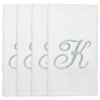 BC BARE COTTON Monogrammed Fingertip Towels, Personalized Gift, 11 x 18 Inches - Set of 4 - White - Silver Script
