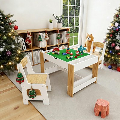 JVNOXK-Kids 2 in1Play Table Chair Set, LEGO-Compatible Drawing Table with7 Storage Compartments, Includes 2 Chairs,Multifunctional Learning Desk-White