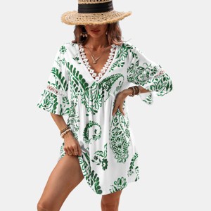 Women's Green/Pink Paisley V-Neck Mini Beach Dress - Cupshe - 1 of 4