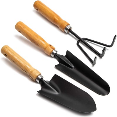 Farmlyn Creek Set of 3 Black Iron Gardening Tools Set  - Mini Hand Trowel, Transplanter, Hand Rake Cultivator