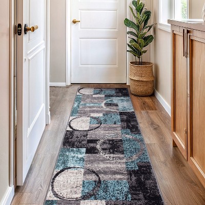 Gray and Teal Abstract Geometric Runner Rug 2'7" x 6'