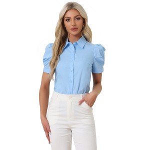 Allegra K Women's Puff Short Sleeve Pointed Collar Work Office Button Down Shirt - 1 of 4