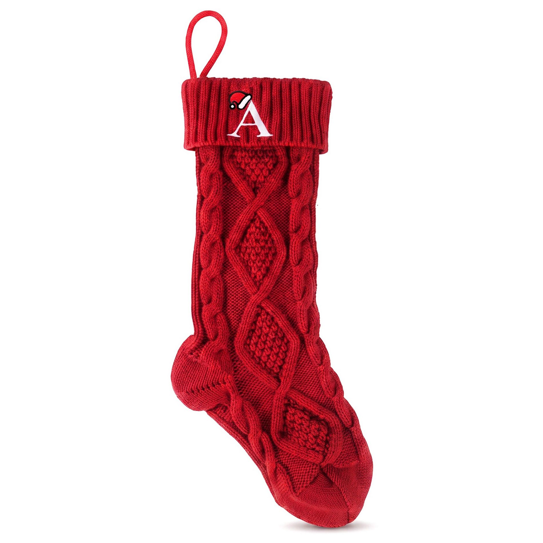 REGALWOVEN Cable Knit Monogram Christmas Stocking with Santa Hat Letter Embroidery 1Pc 16.5'' x 5.1''
