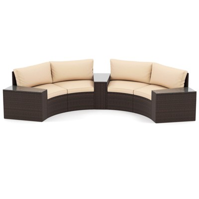 Tangkula Set Of 5 Patio Furniture Set PE Rattan Half-Moon Curved Sectional Sofas with Tempered Glass Top Side Tables Outdoor Conversation Set
