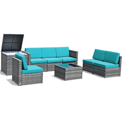 Tangkula 8-Piece Outdoor Wicker Rattan Conversation Sofa Set w/ Storage Table White/Black/Turquoise