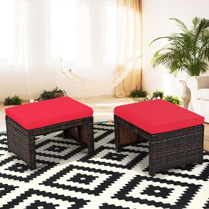 Costway 2PCS Patio Rattan Ottoman Cushioned Seat Foot Rest Furniture Turquoise\Red\White - 1 of 4