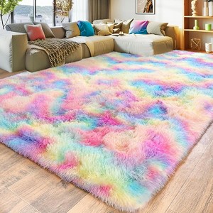 Grass Green Fluffy Shag Area Rug with Non-Slip Base & 4 Reusable Stickers, Soft Plush Mat - 1 of 4