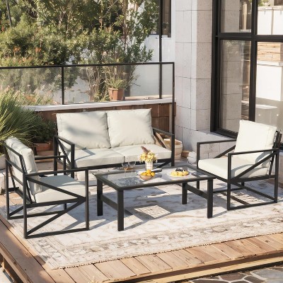PAKASEPT 4-Piece Outdoor Aluminum Patio Conversation Set, Patio Set with Glass Top Coffee Table and Soft Seat Cushions Black Aluminum Frame