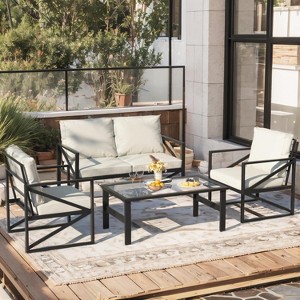 PAKASEPT 4-Piece Outdoor Aluminum Patio Conversation Set, Patio Set with Glass Top Coffee Table and Soft Seat Cushions Black Aluminum Frame - 1 of 4