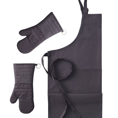 Teflon 3pc Cotton Kitchen Apron and Oven Mitt Set Gray